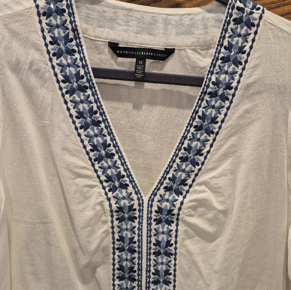 White House Black Market White & Blue Embroidered Tunic Top - Picture 2 of 10